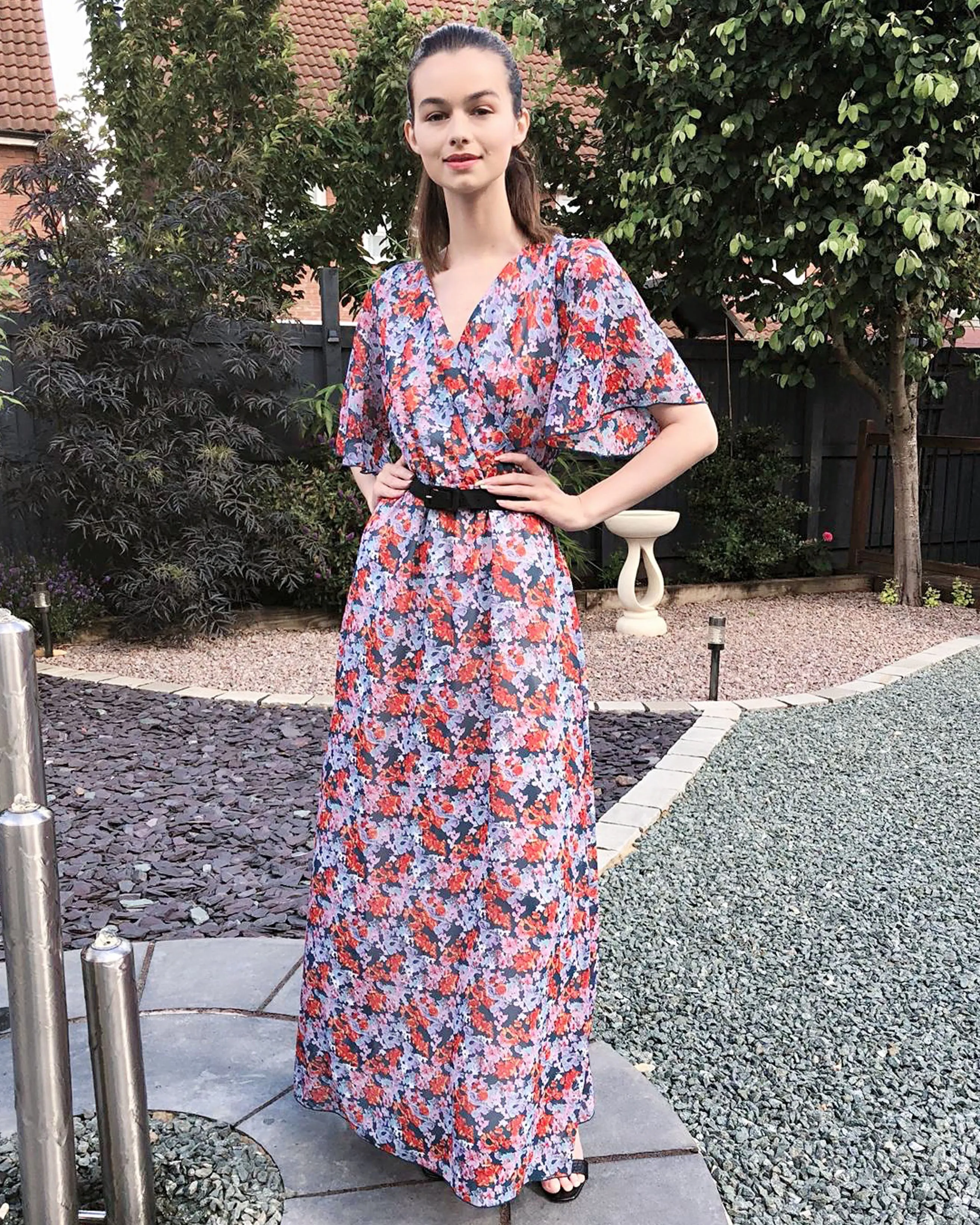 Lady Orange Floral Print Chiffon Wrap Maxi Dress
