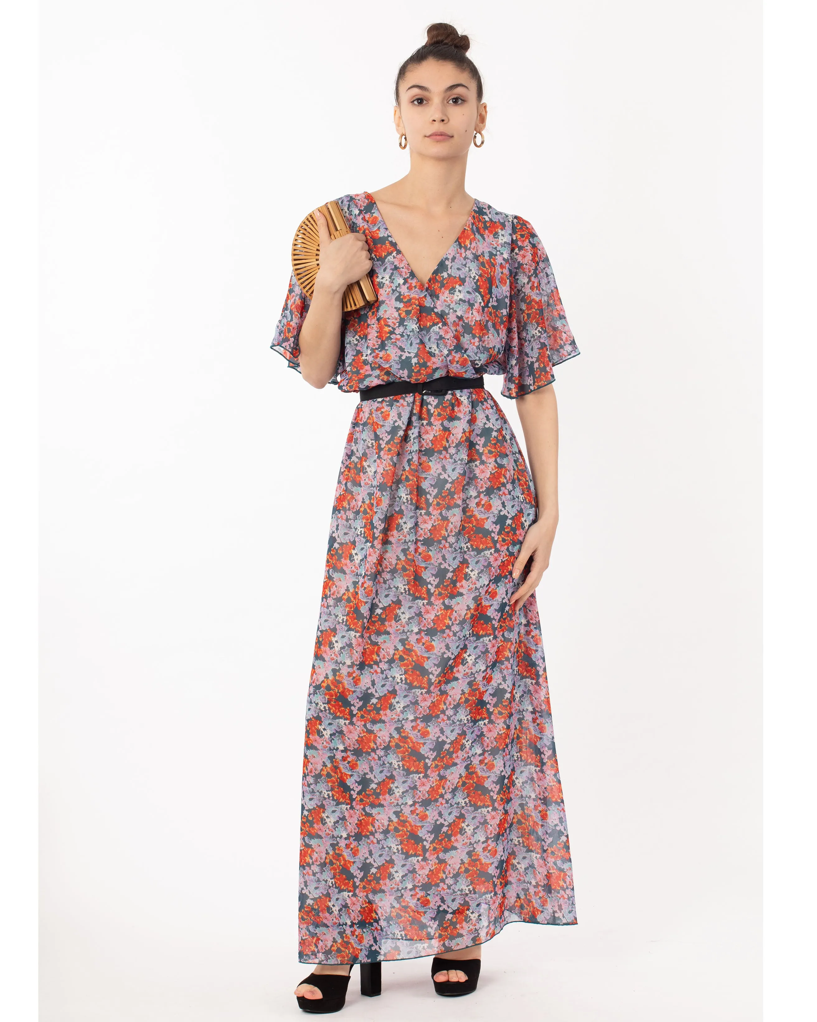 Lady Orange Floral Print Chiffon Wrap Maxi Dress