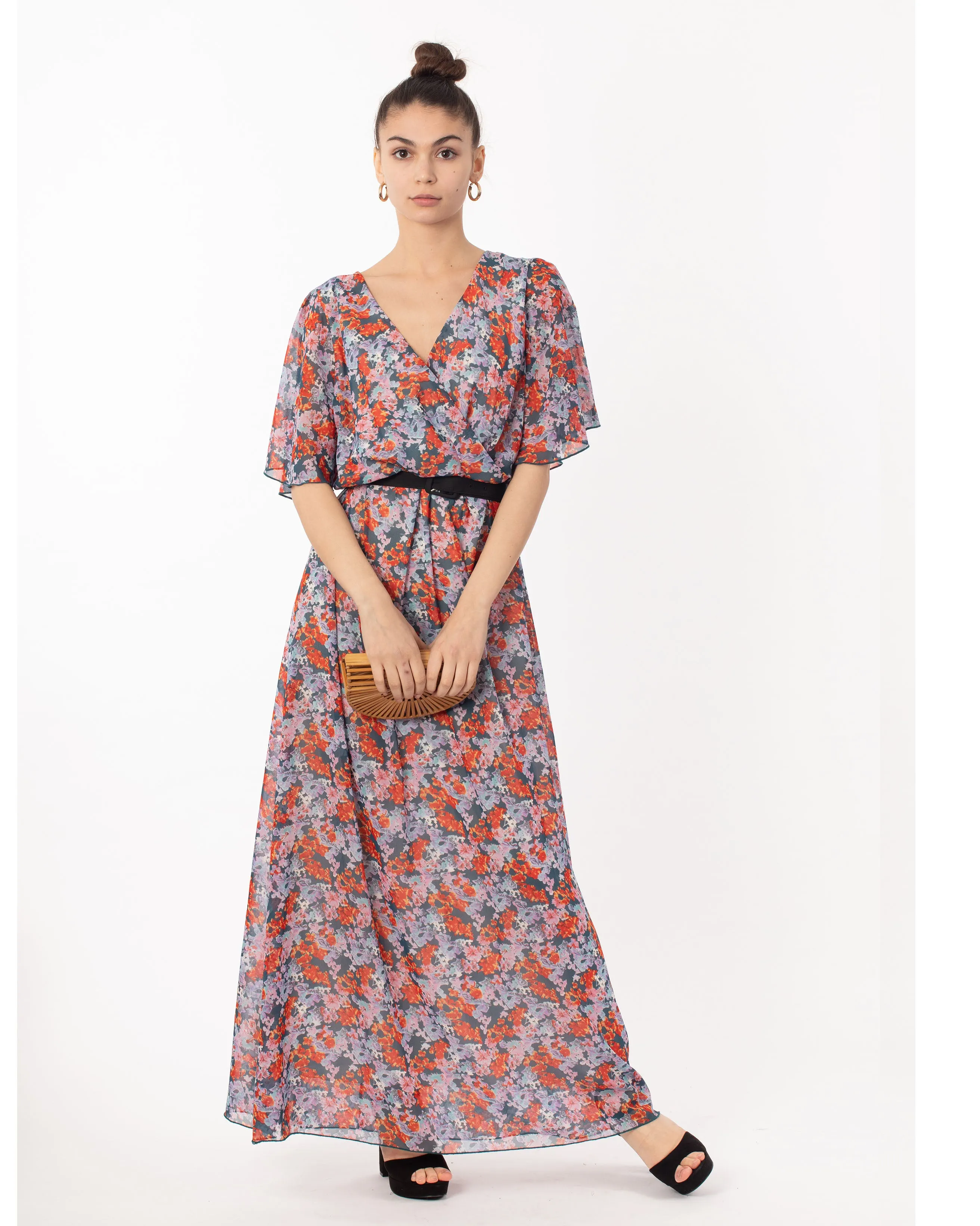 Lady Orange Floral Print Chiffon Wrap Maxi Dress
