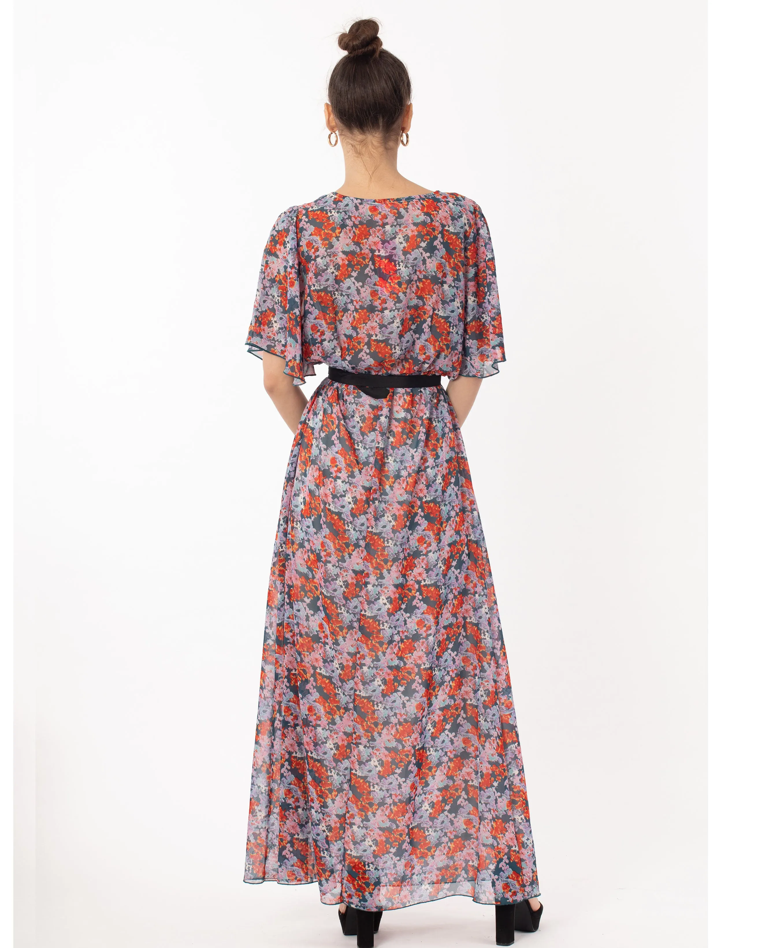 Lady Orange Floral Print Chiffon Wrap Maxi Dress