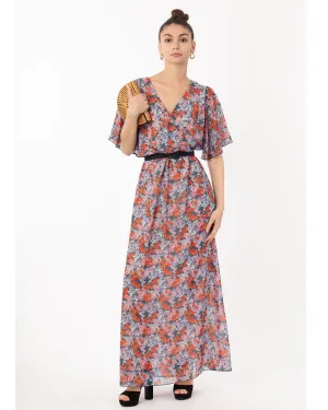 Lady Orange Floral Print Chiffon Wrap Maxi Dress