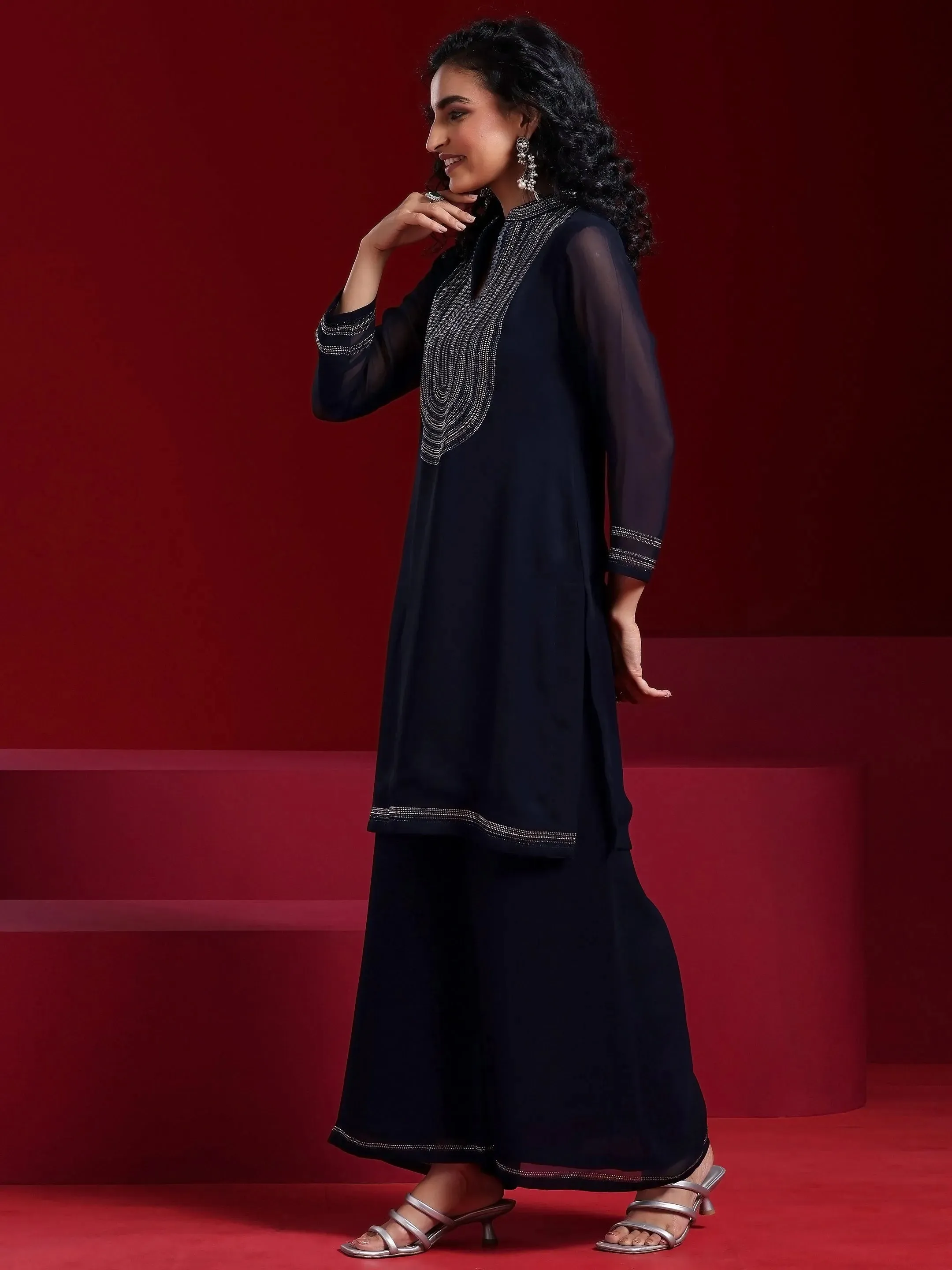 Libas Art Blue Yoke Design Georgette Straight Suit With Dupatta