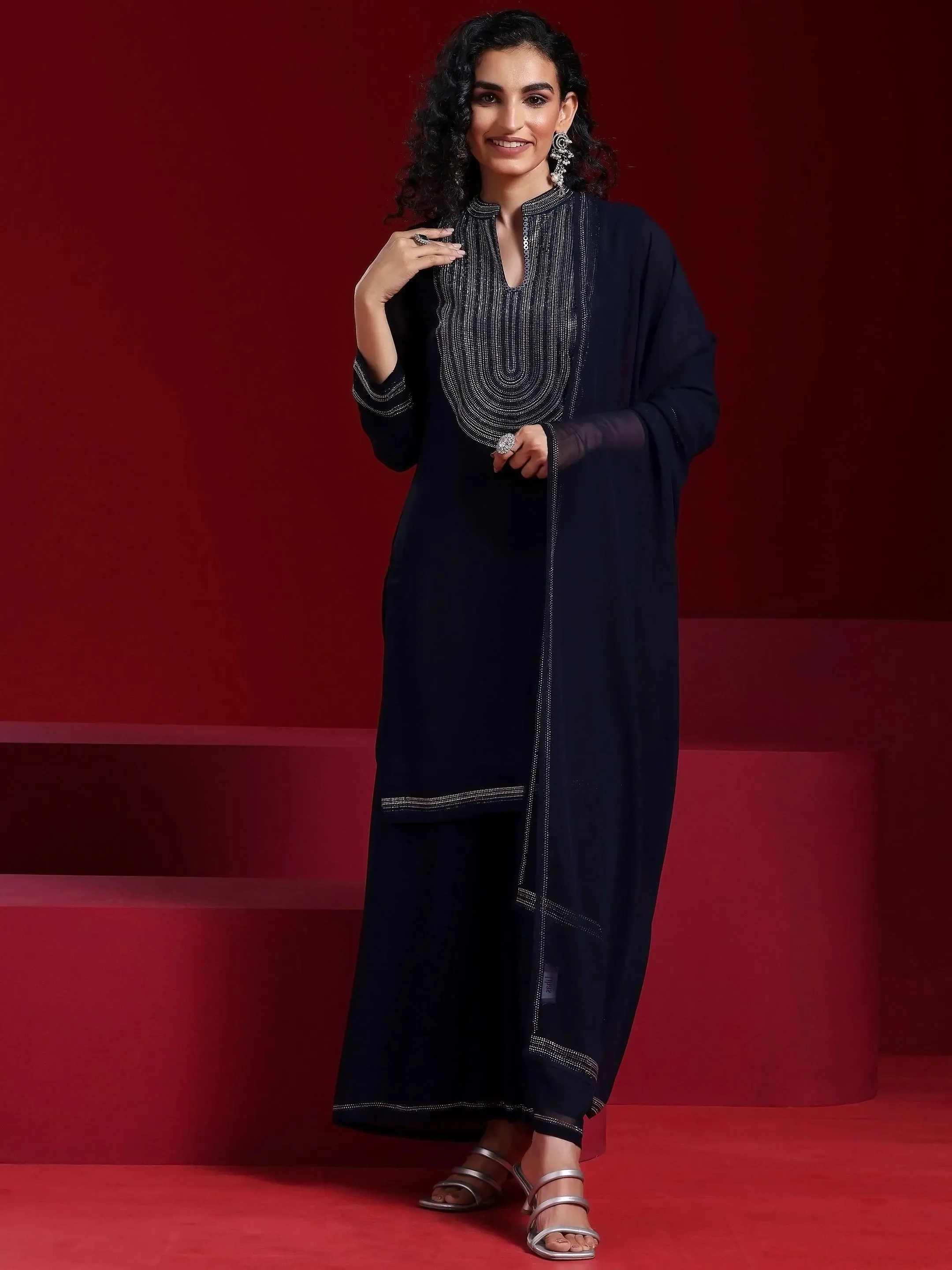 Libas Art Blue Yoke Design Georgette Straight Suit With Dupatta