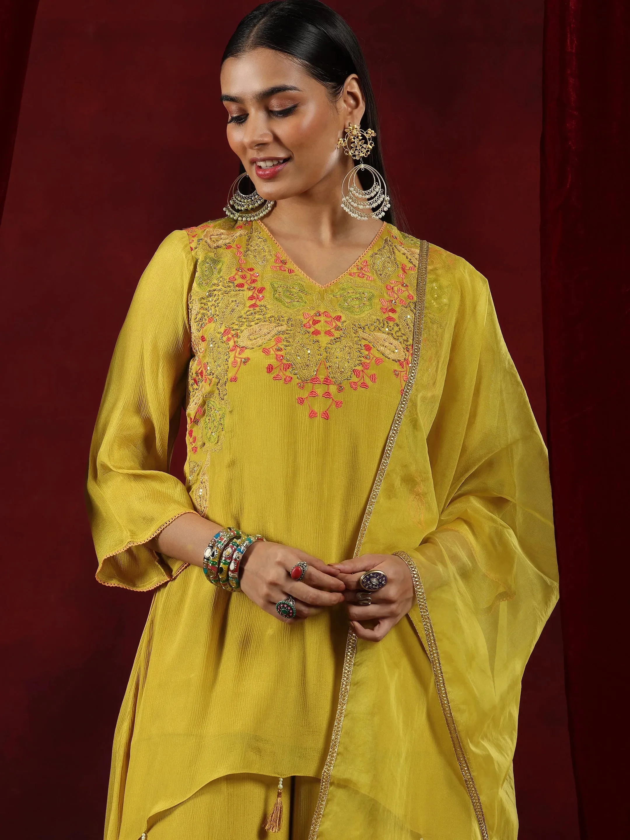 Libas Art Mustard Embroidered Chinon A-Line Kurta With Palazzos & Dupatta