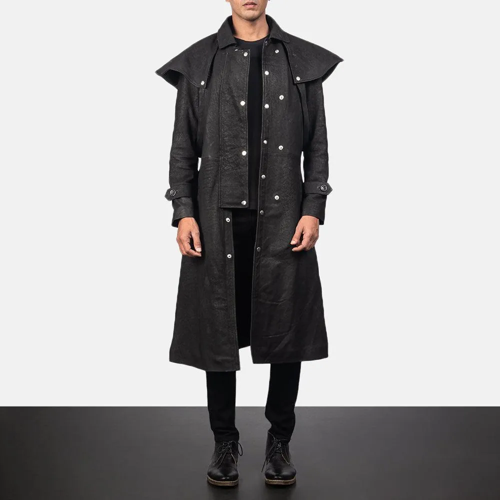 Men's Premium Sheepskin Studded Black Leather Duster Coat