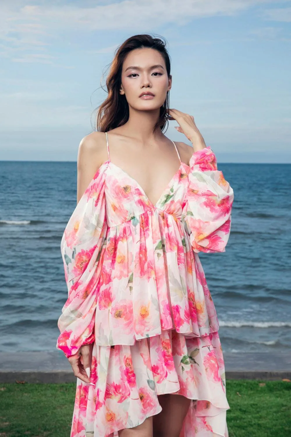 Odette Asymmetric Cold Shoulder Sleeved Organza Voile High-low Dress