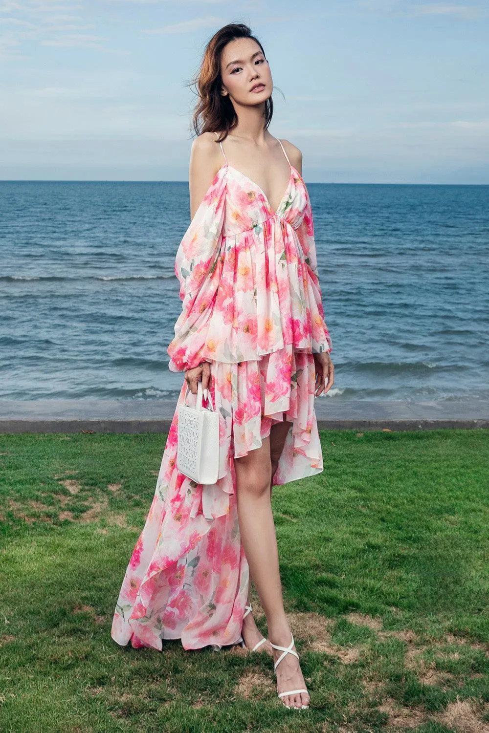 Odette Asymmetric Cold Shoulder Sleeved Organza Voile High-low Dress
