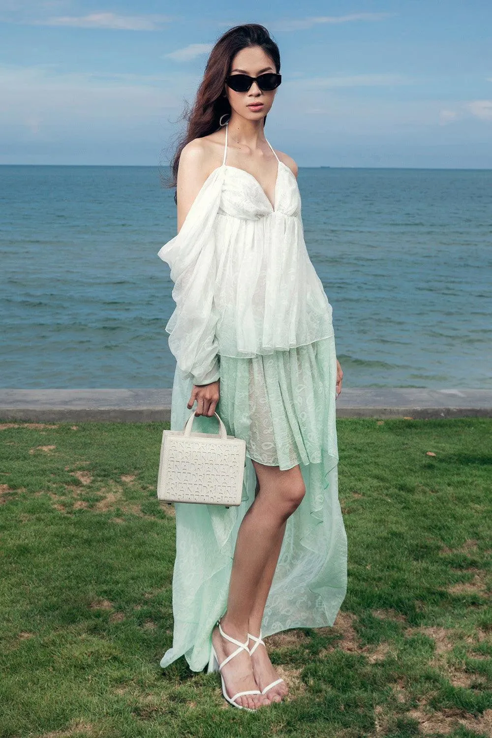 Odette Asymmetric Cold Shoulder Sleeved Organza Voile High-low Dress