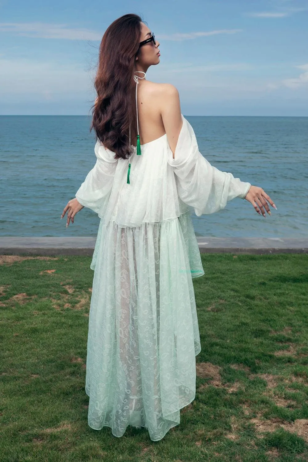 Odette Asymmetric Cold Shoulder Sleeved Organza Voile High-low Dress