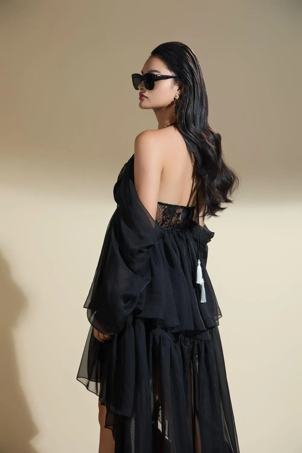 Odette Asymmetric Cold Shoulder Sleeved Organza Voile High-low Dress