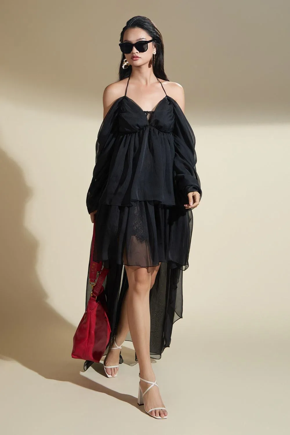 Odette Asymmetric Cold Shoulder Sleeved Organza Voile High-low Dress