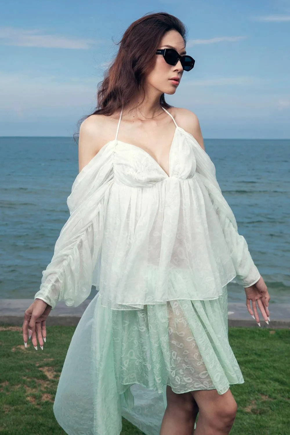 Odette Asymmetric Cold Shoulder Sleeved Organza Voile High-low Dress