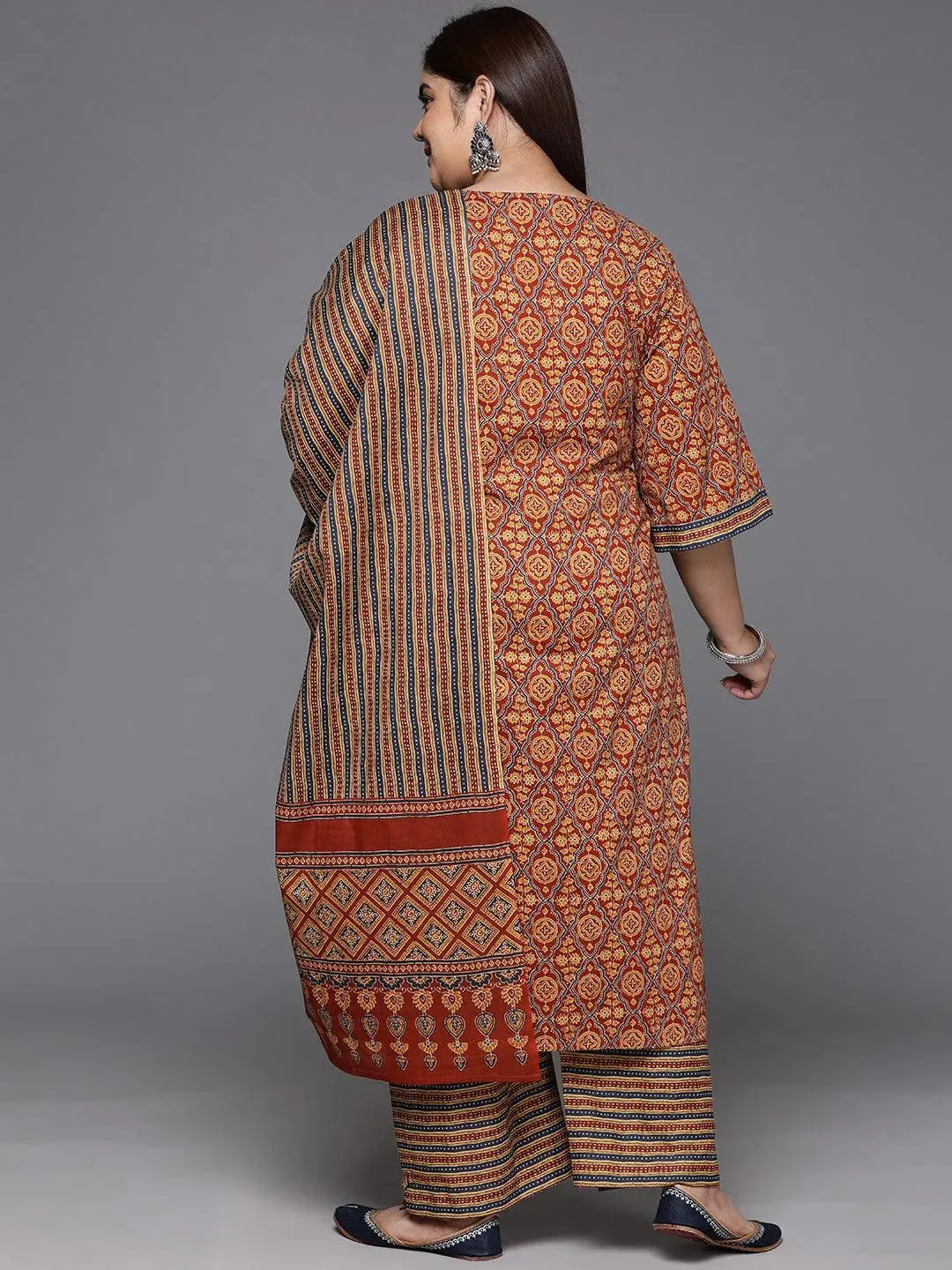 Plus Size Maroon Printed Cotton Straight Suit With Dupatta