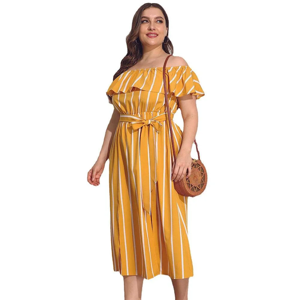 Plus Size Ruffles Belted Slash Off-Shoulder Midi Dress