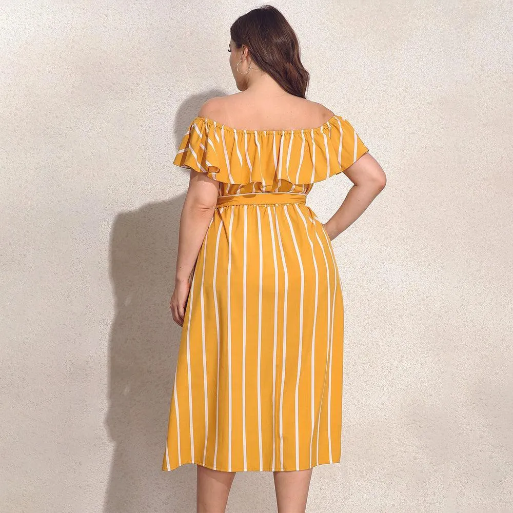 Plus Size Ruffles Belted Slash Off-Shoulder Midi Dress