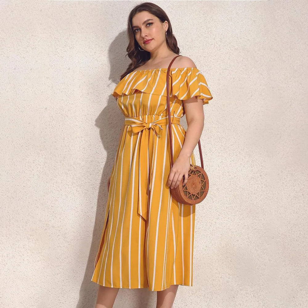 Plus Size Ruffles Belted Slash Off-Shoulder Midi Dress