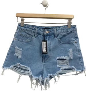 Pretty Little Thing Light Blue Wash Ripped Denim Shorts UK 8