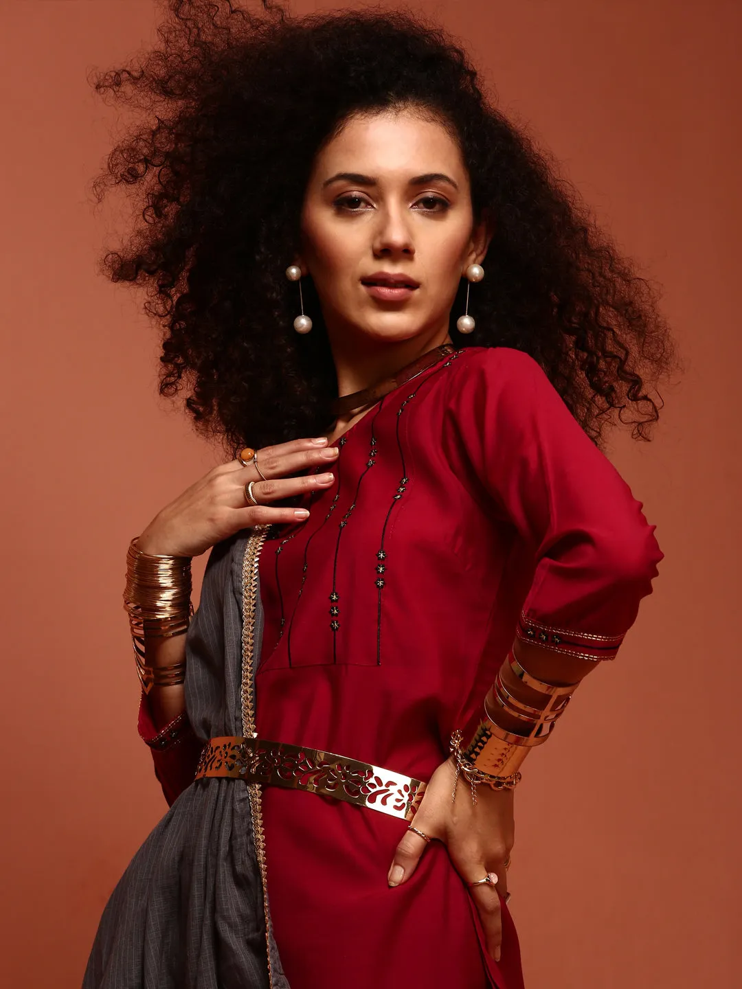 Radiant Red Embroidered Cotton Blend Kurta Set