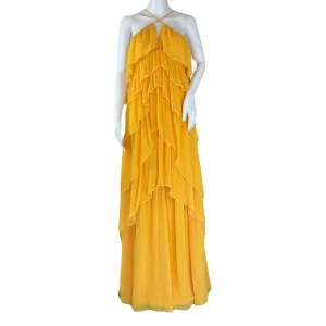 Ramy Brook Women's tiered Maxi Halter Alora Dress Ruffled Yellow Sz M