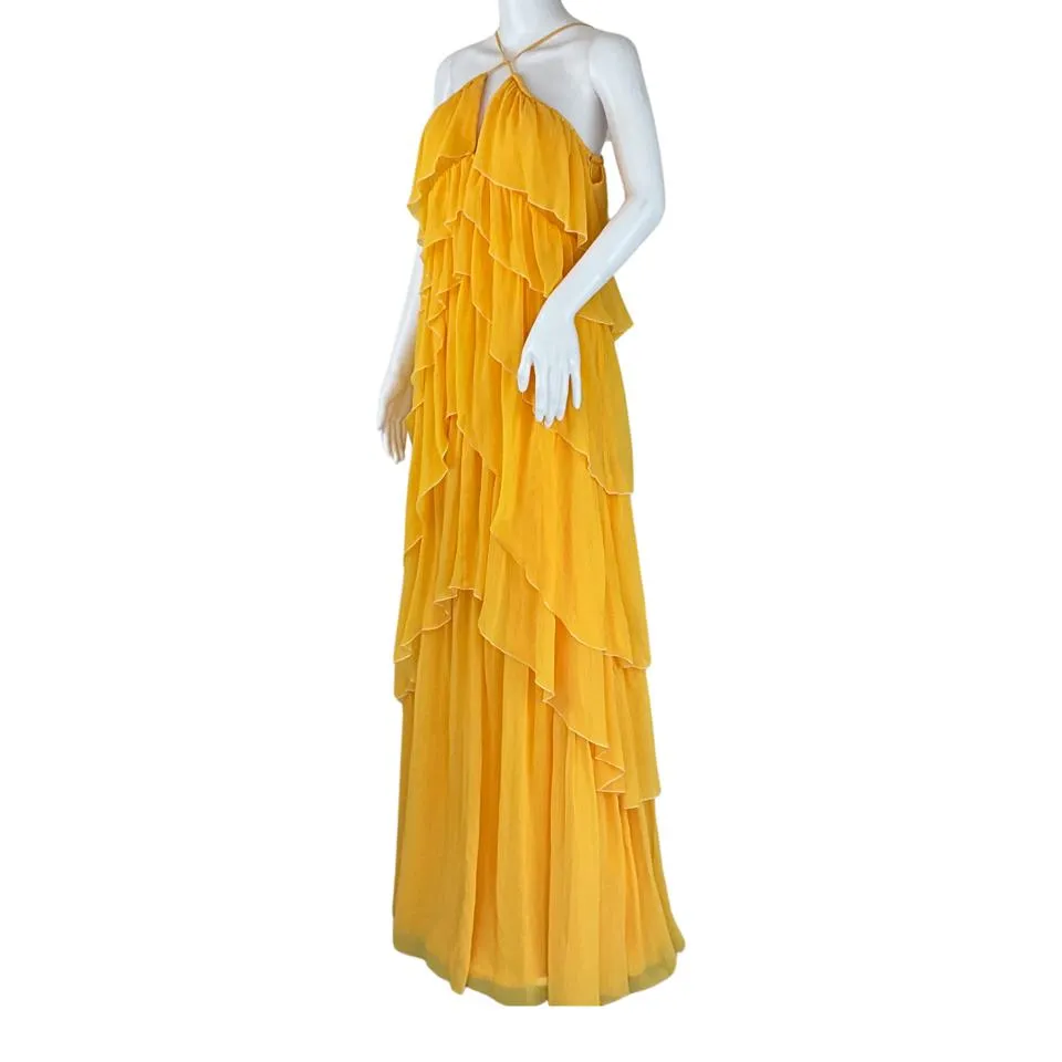 Ramy Brook Women's tiered Maxi Halter Alora Dress Ruffled Yellow Sz M