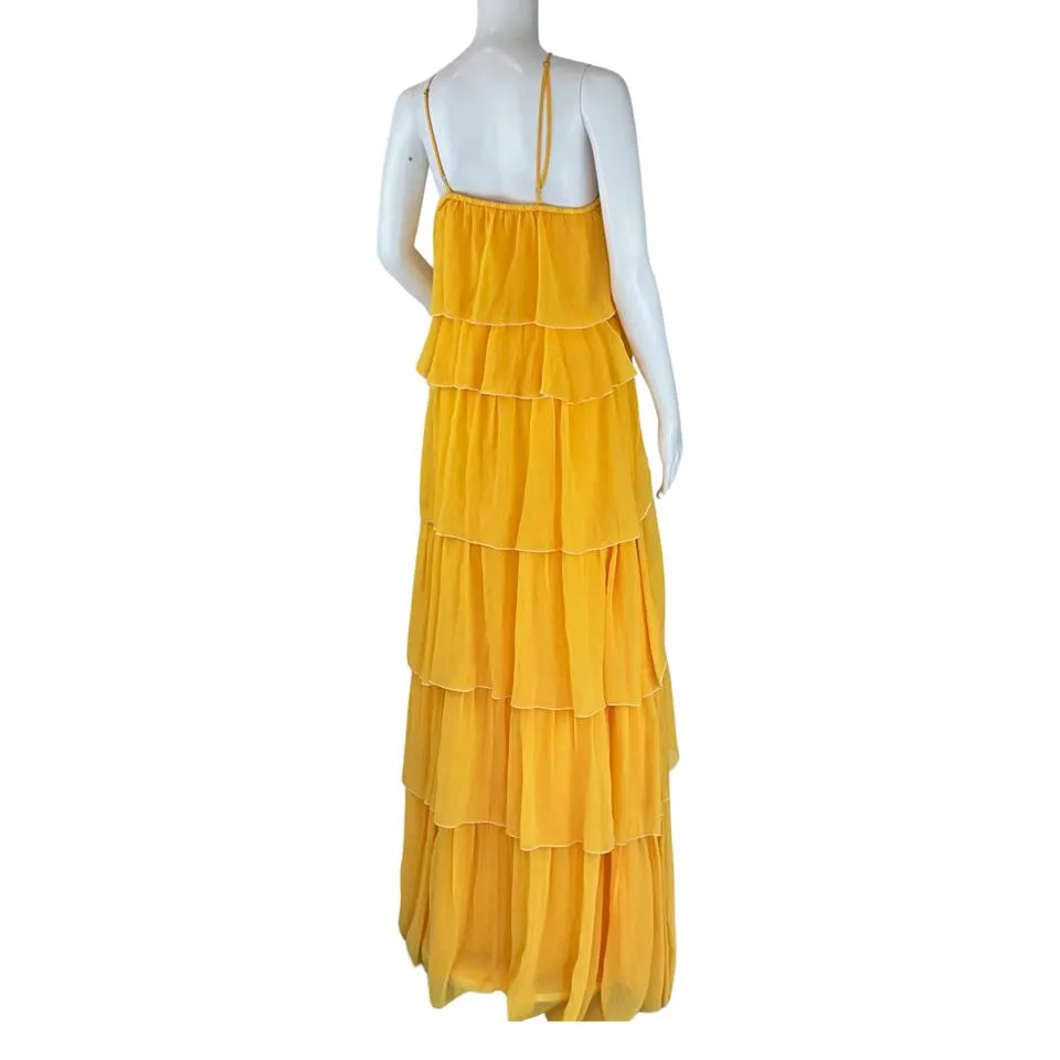 Ramy Brook Women's tiered Maxi Halter Alora Dress Ruffled Yellow Sz M