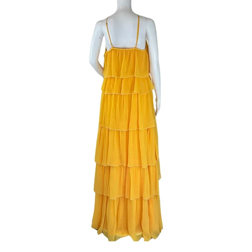 Ramy Brook Women's tiered Maxi Halter Alora Dress Ruffled Yellow Sz M
