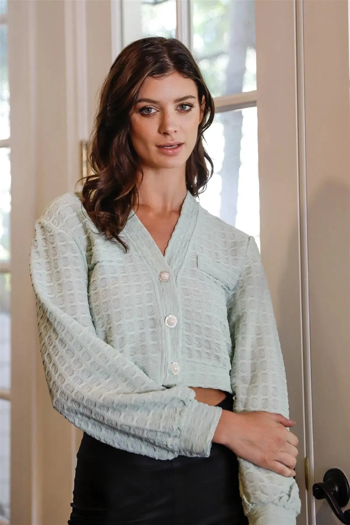 Sage Textured Pearl & Crystal Button Up Detail Crop Top /2-2-2