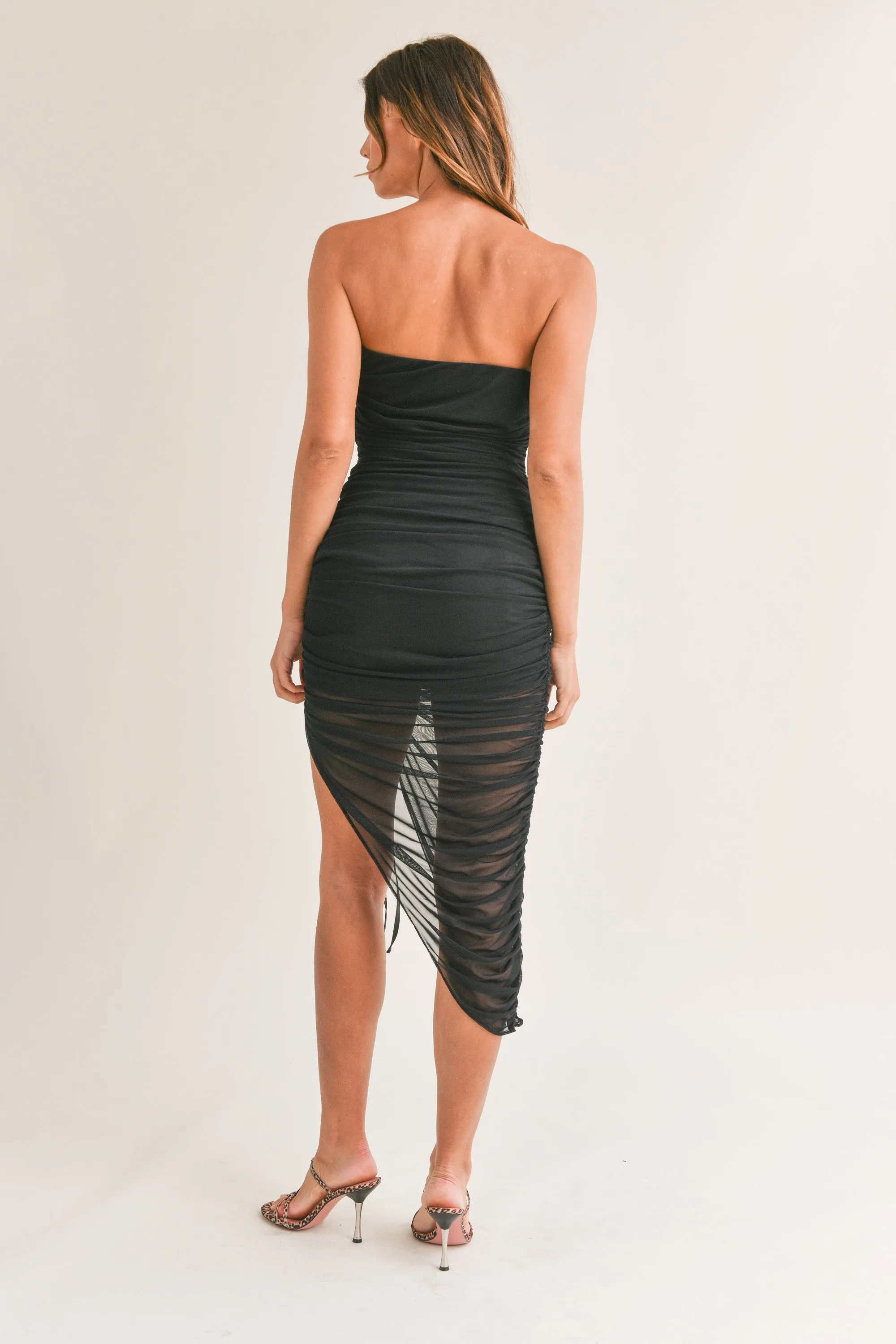 SIMONE ASYMMETRICAL DRAWSTRING MIDI DRESS