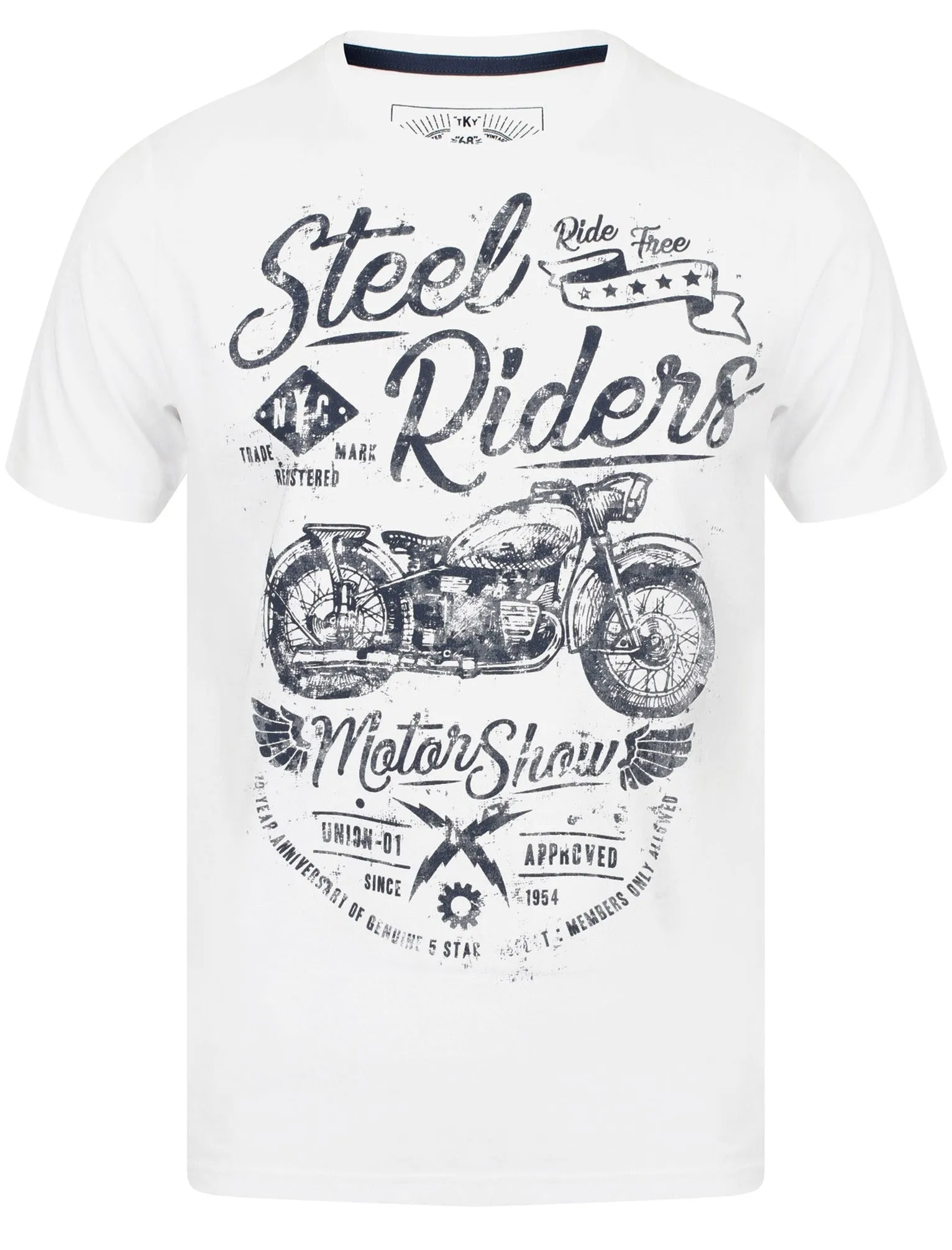 Steel Riders Motif Cotton Crew Neck T-Shirt In Optic White - Tokyo Laundry