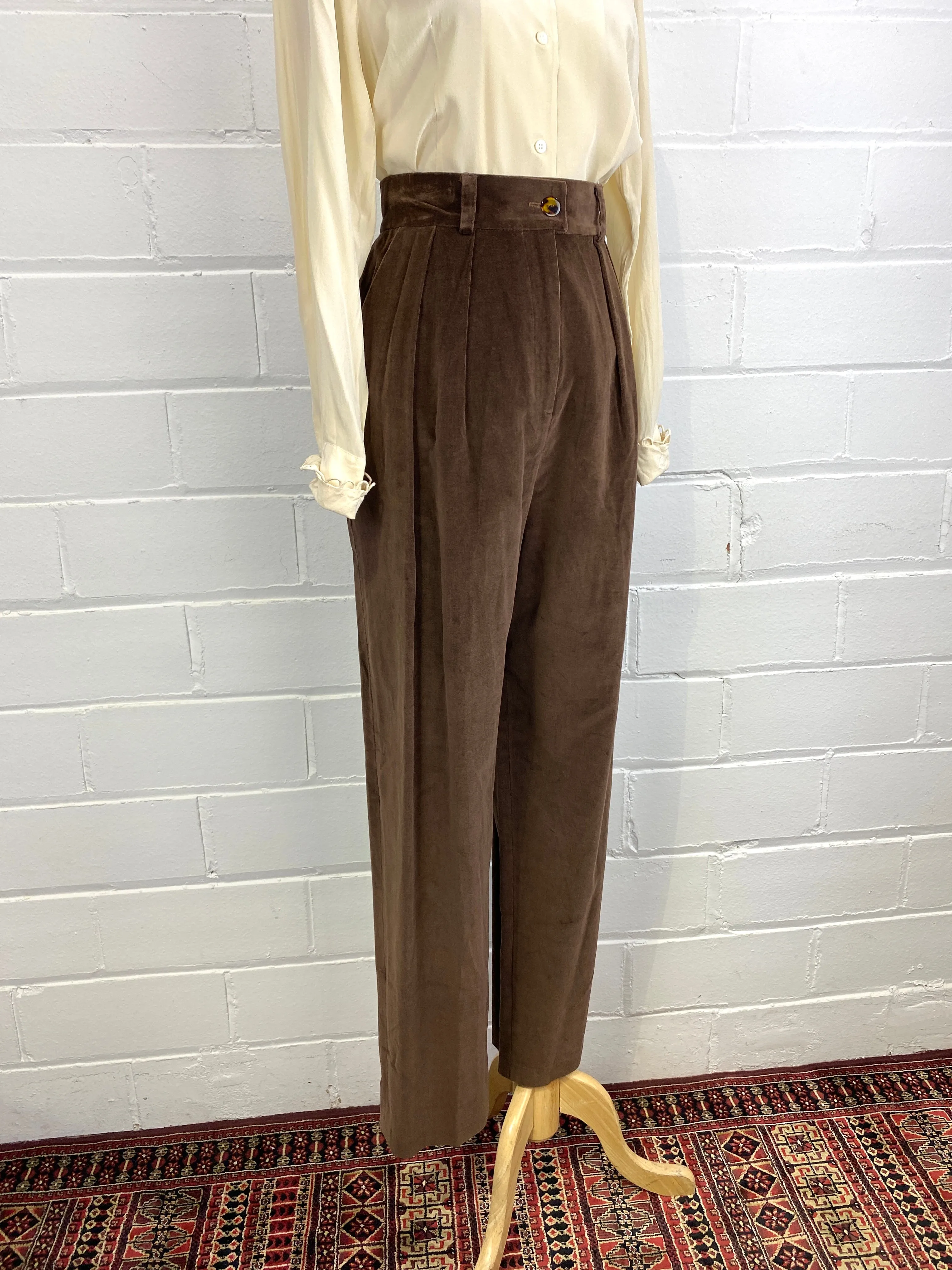 Vintage 1990s Brown Velour Pleated Trousers