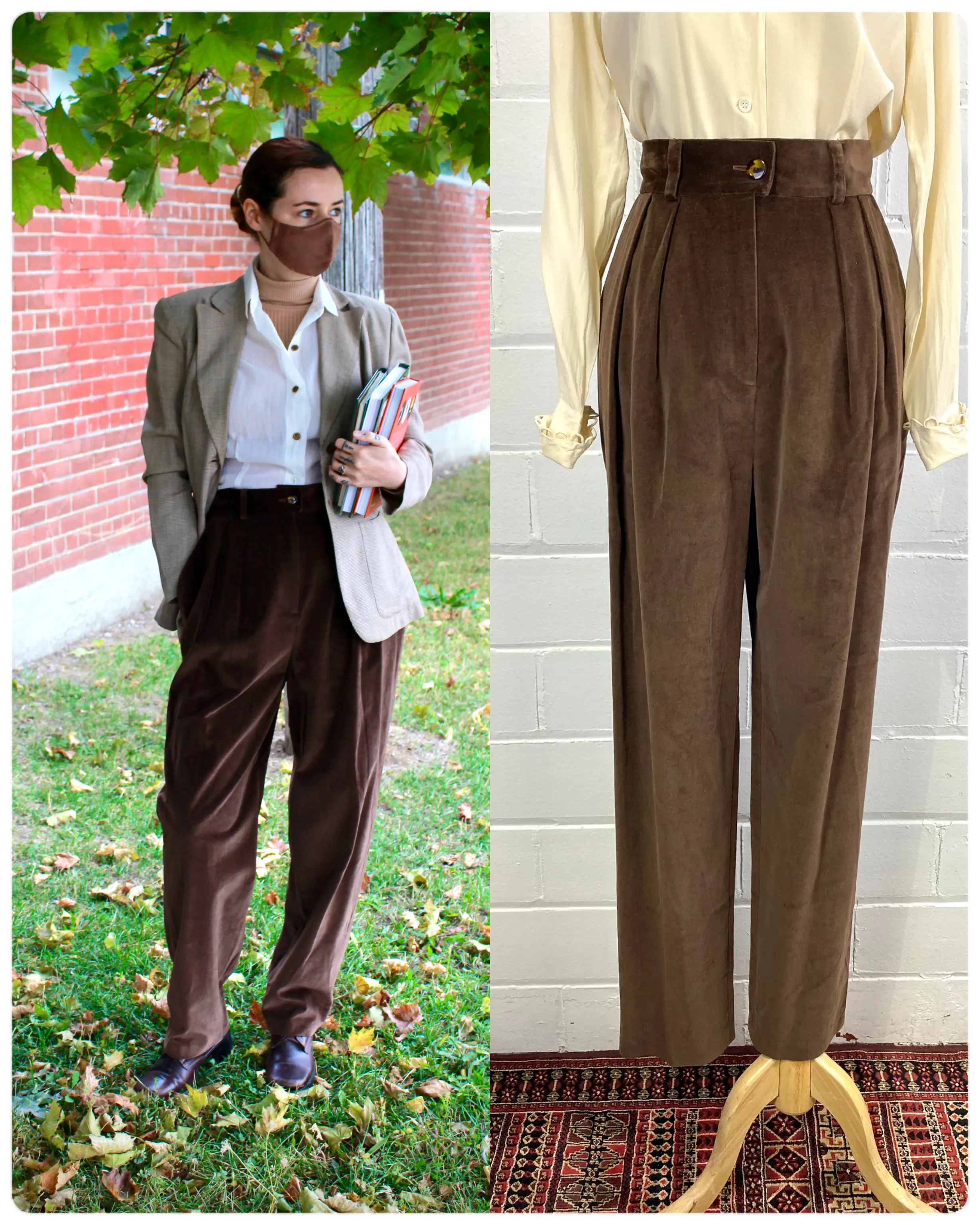 Vintage 1990s Brown Velour Pleated Trousers