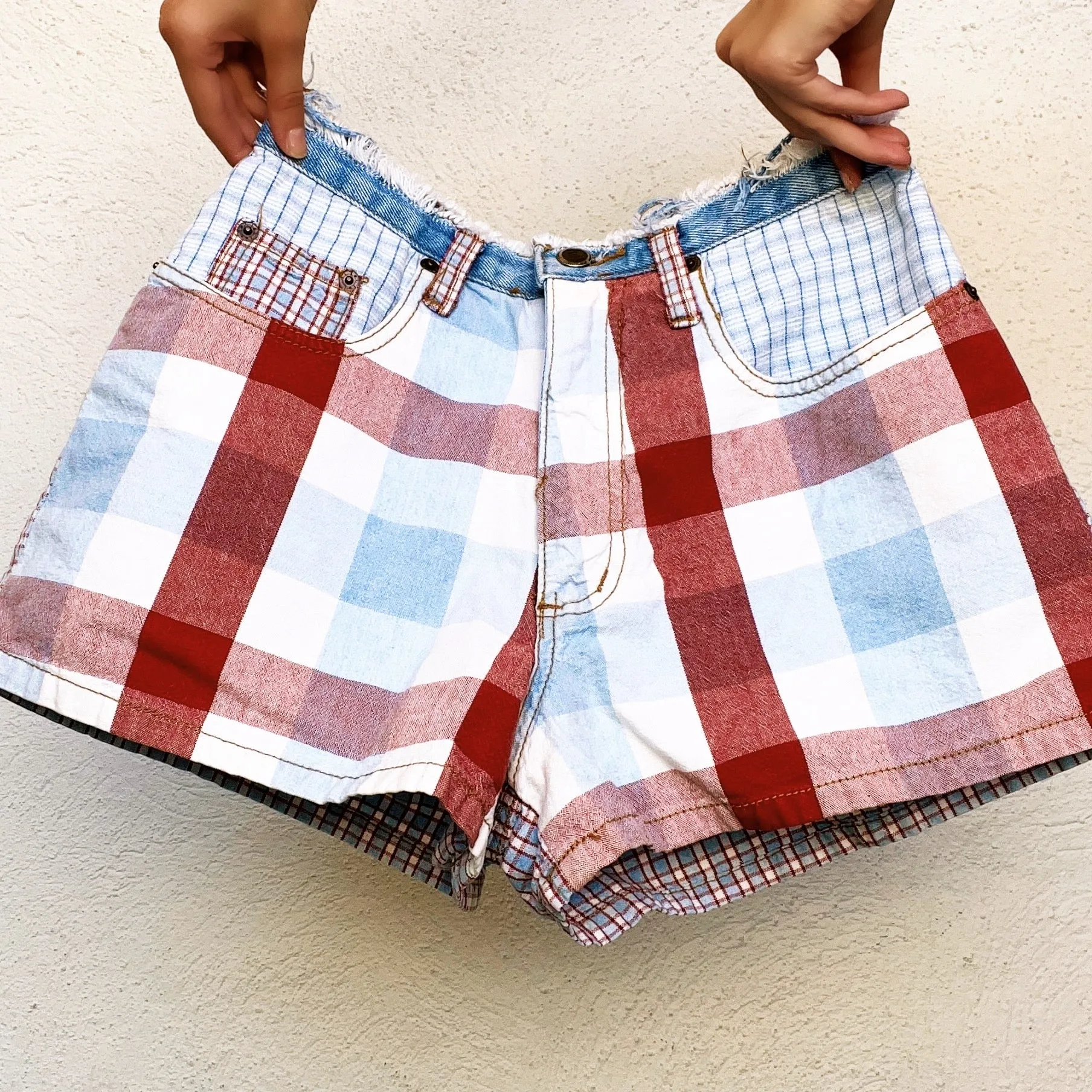 Vintage Plaid Denim Shorts (S)