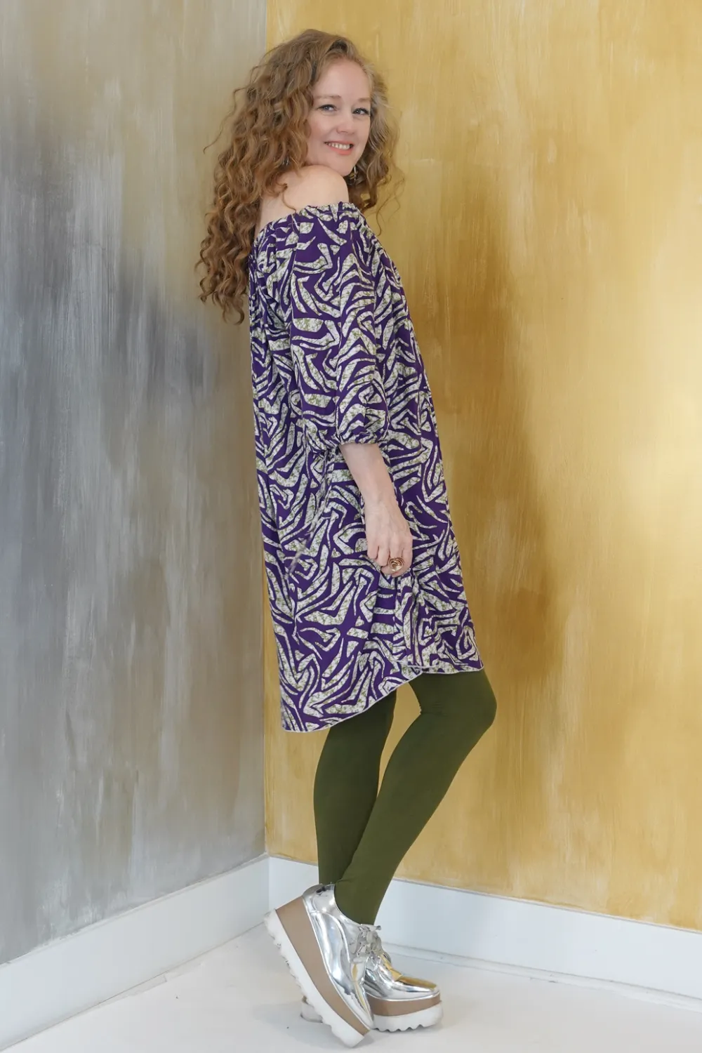 Wear 3 Ways Olive And Purple Print Dress