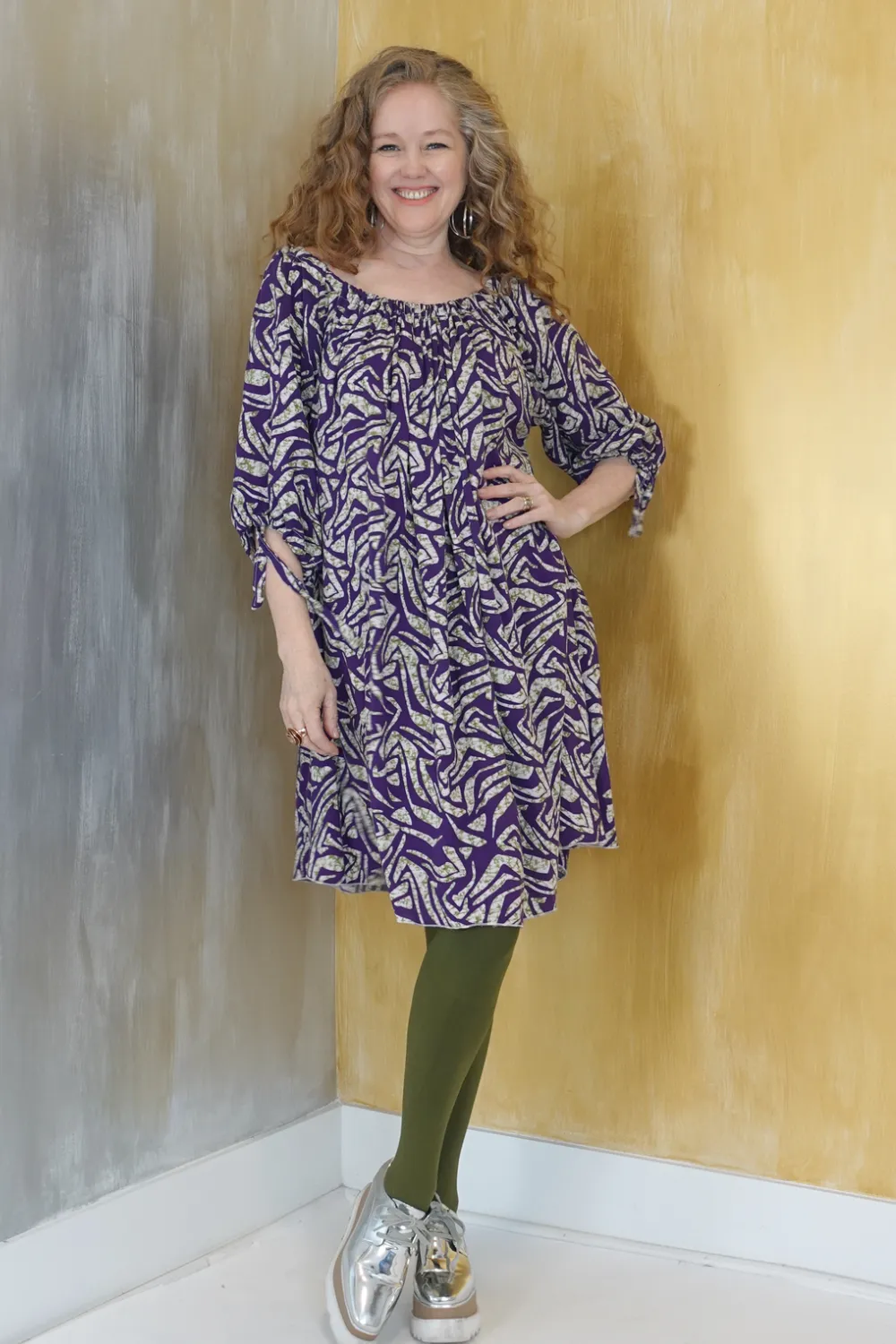 Wear 3 Ways Olive And Purple Print Dress