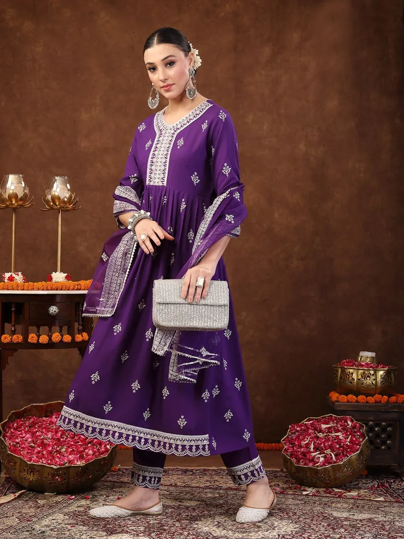 White & Purple Block Printed Rayon Anarkali kurti  Pants with dupatta
