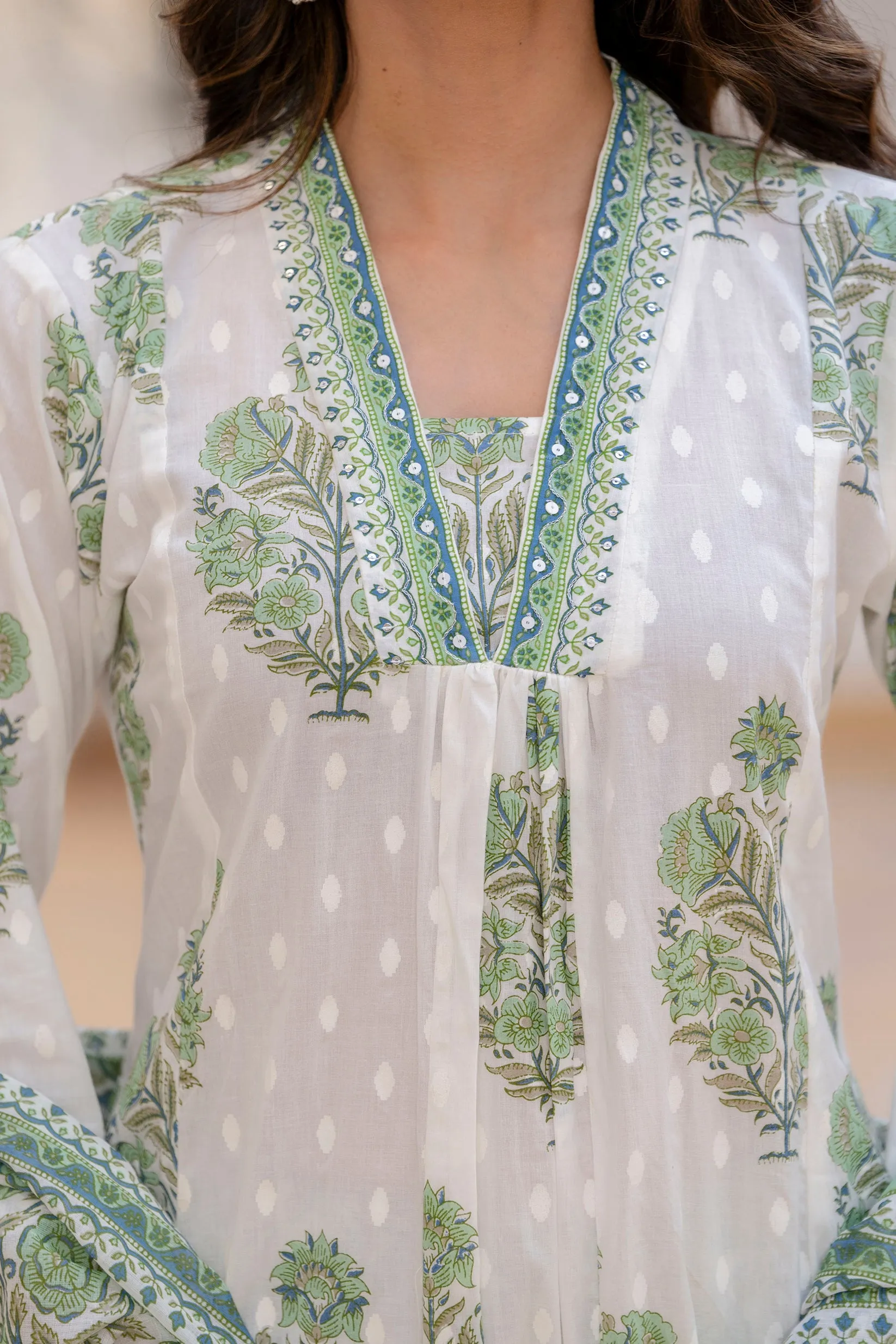 Women's White and Greeen Cotton Kurta, Palazzo & Dupatta Set