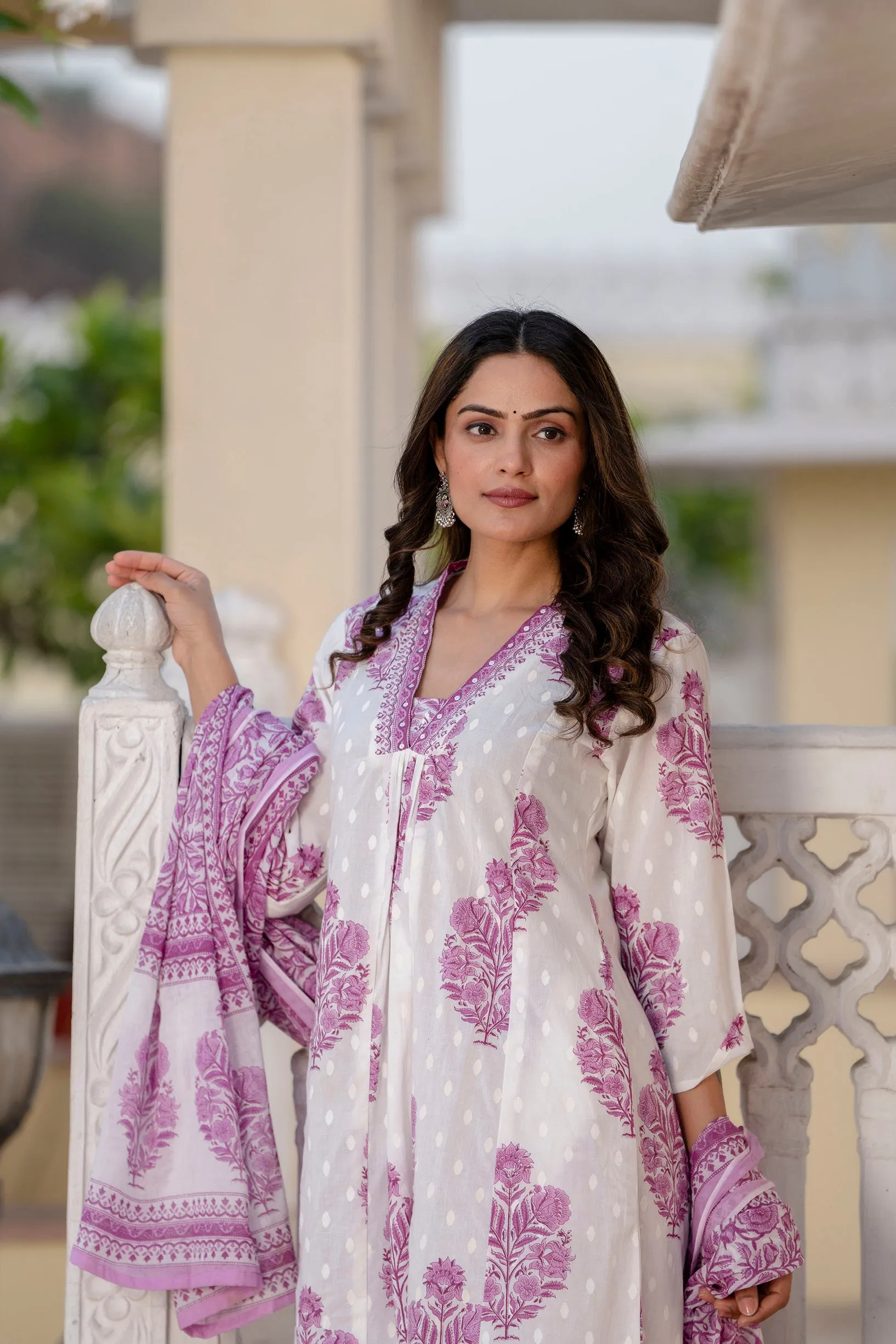 Women's White and Purple Cotton Kurta, Palazzo & Dupatta Set