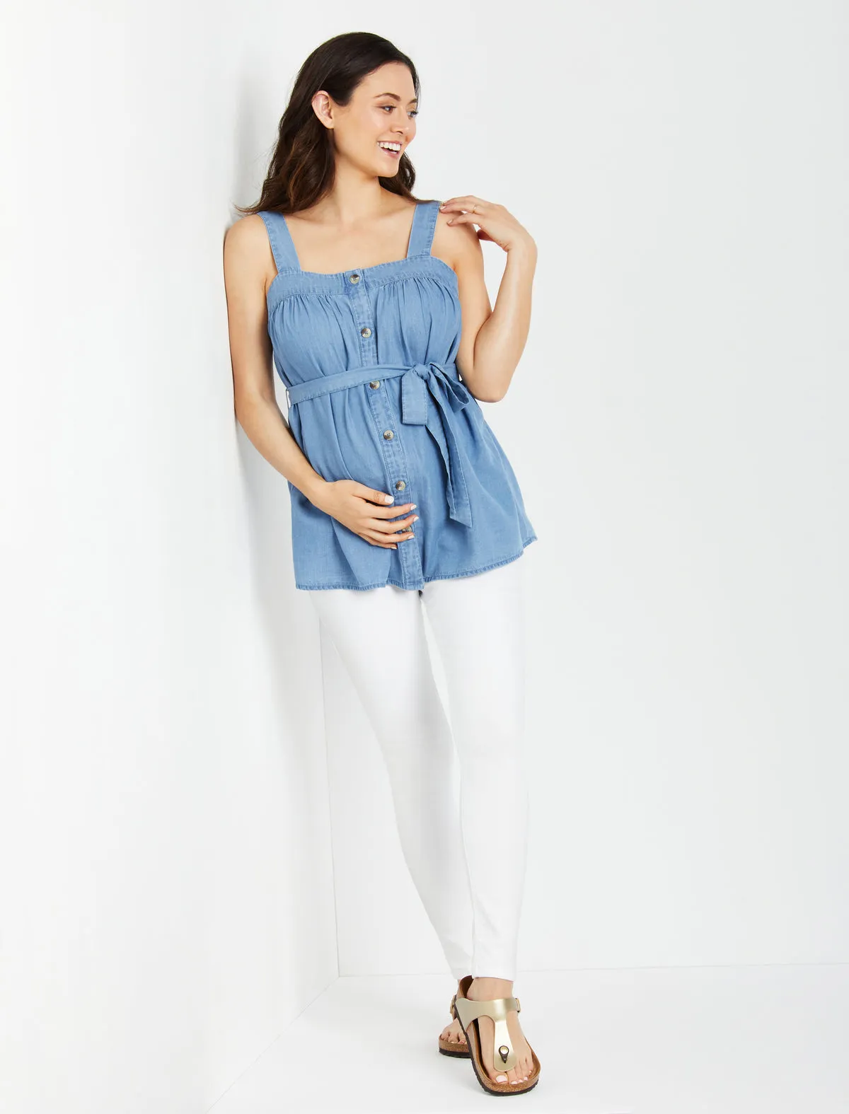 Woven Button Front Maternity Tank Top in Chambray