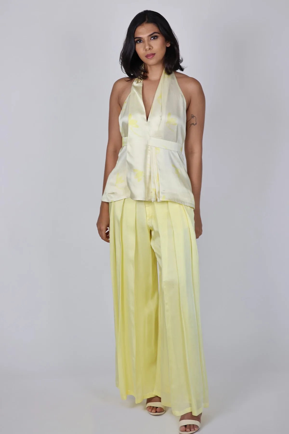 Yellow Pleated Flare Palazzo